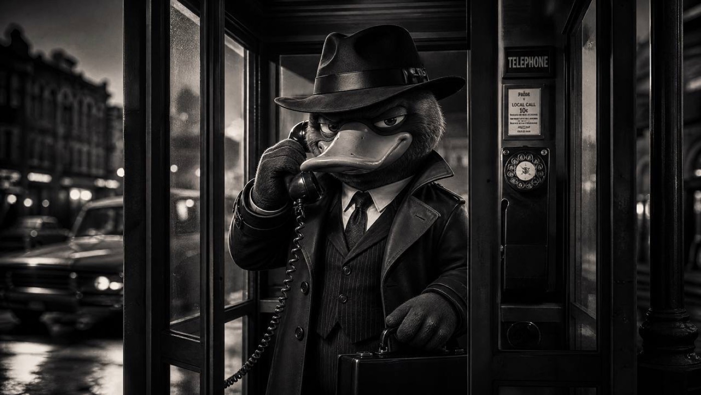 Agent Perry on a payphone at night